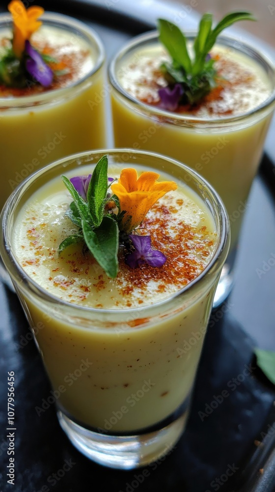 Creamy eierlikör dessert with decorative edible flowers for spring celebrations Creamy eierlikör dessert with decorative edible flowers for spring celebrations
