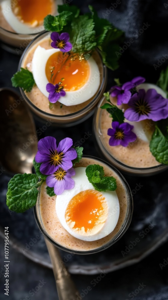 Creamy eierlikör dessert with eggs and edible flowers - top down view Creamy eierlikör dessert with eggs and edible flowers - top down view