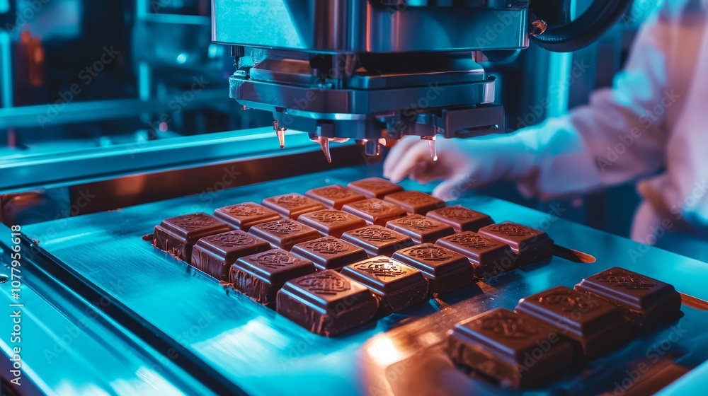 Automated gourmet chocolate production in high-tech kitchen, emphasizing precision, innovation in chocolate and food automation.