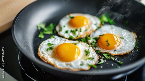 Close-up of plant-based egg substitute cooking on smart stovetop, showcasing innovation in alternative foods.