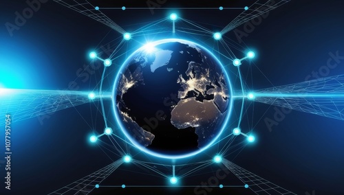 Night planet earth with lights of night cities with communication lines and satellites. Technology, concept. Glowing dots and lines emphasize digital links