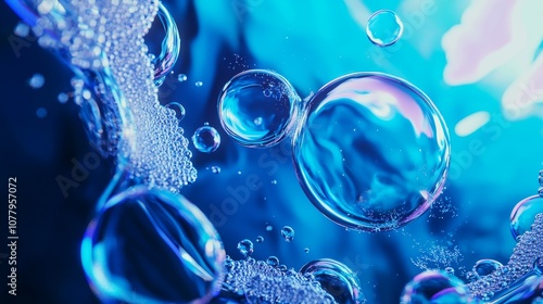 Abstract glowing bubbles in blue liquid, dreamy water textures with gentle swirls and luminous reflections, creating a calm underwater view.