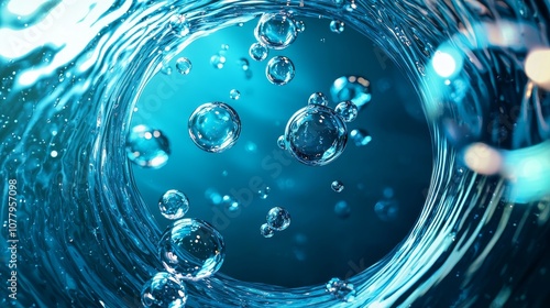 Abstract glowing bubbles in blue liquid, dreamy water textures with gentle swirls and luminous reflections, pure and calm underwater view.