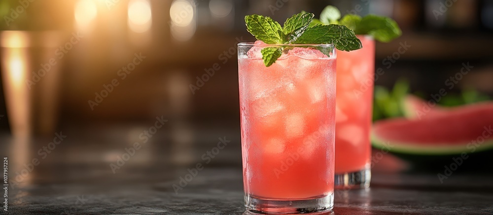 Two glasses of watermelon juice with mint garnish on a bar counter with a slice of watermelon in the background. Two glasses of watermelon juice with mint garnish on a bar counter with a slice of watermelon in the background.