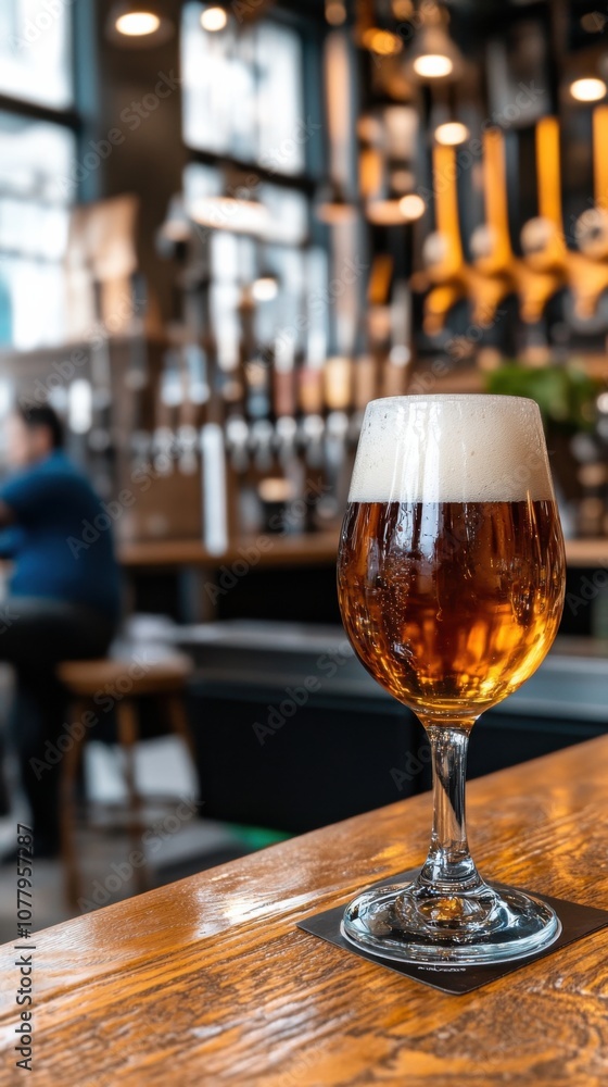 Dark rich bock beer with creamy head in a cozy bar setting Dark rich bock beer with creamy head in a cozy bar setting