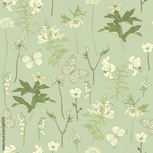 vector drawing natural seamless pattern with wild flowers and butterflies, flowering garden, hand drawn illustration