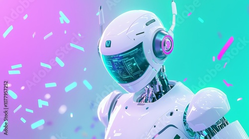 Local SEO AI robot agent creating content with flying data, white and teal colors, purple highlights, bright setting