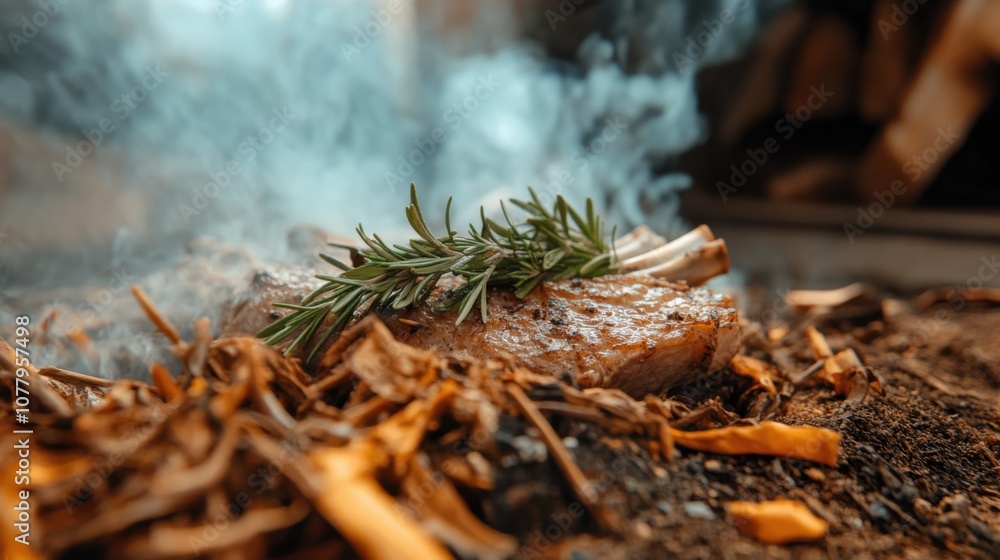 Fototapeta premium Delectable roasted lamb chops with fresh rosemary herbs on smoky background