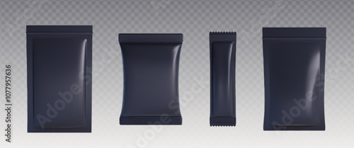 Pouch bag mockups set isolated on transparent background. Vector realistic illustration of plastic black zip packages with blank space for branding, coffee, sweets envelope, wet wipes, snack sachet