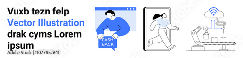 Human with a cashback sign, person stepping through a mobile screen, and robotic arm. Ideal for cashback promotions, mobile apps, technology blogs, robotics, automation, e-commerce, and innovation