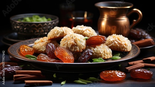 Traditional eid sweets. Maamoul cookies with dates and coffee  photo