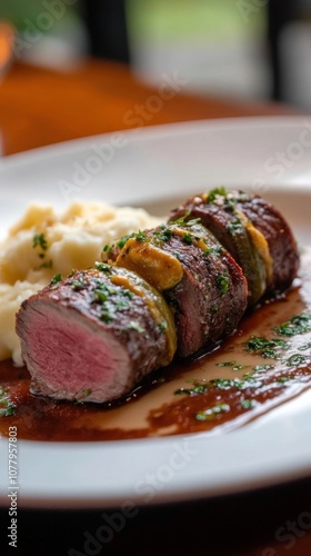 Delicious beef rouladen with mashed potatoes on elegant plate photo