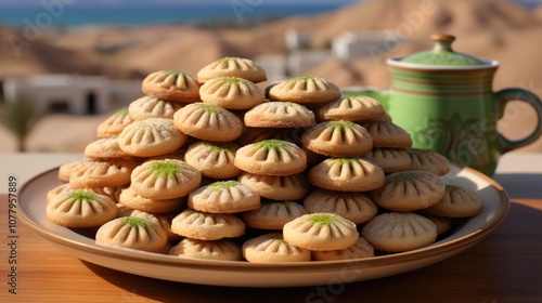 Traditional  eid sweets. Maamoul cookies with dates and coffee   photo