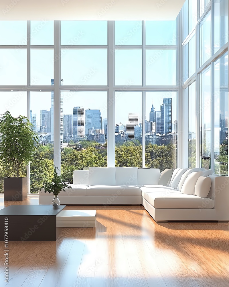 Interior, modern, sanitized Modern interior with large windows and city view. Interior, modern, sanitized Modern interior with large windows and city view.