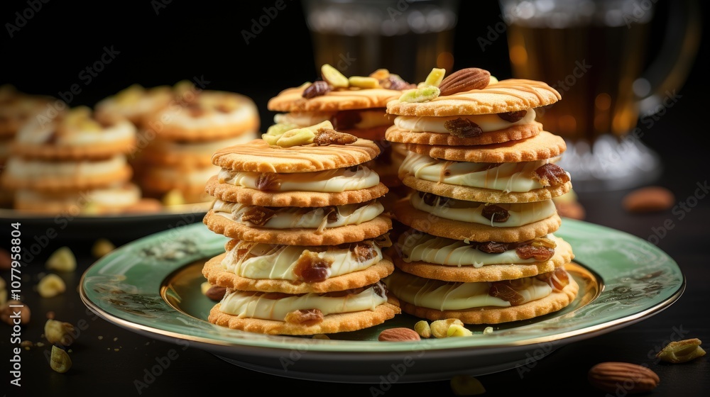 Traditional eid sweets. Maamoul or mamoul cookies with pistachios and walnut Traditional eid sweets. Maamoul or mamoul cookies with pistachios and walnut