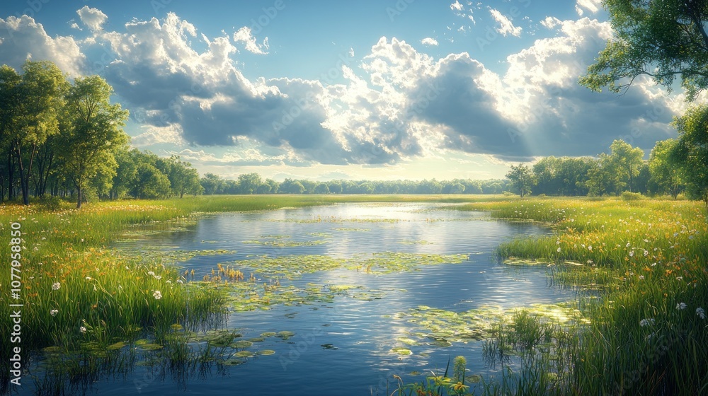 Fototapeta premium Serene landscape with a tranquil river and lush greenery.
