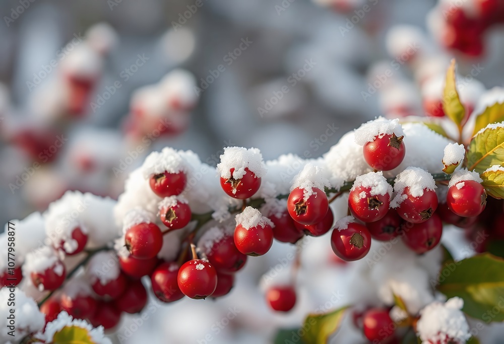 Snow Covered Red Berries on Branch Winter Nature Close Up Snow Covered Red Berries on Branch Winter Nature Close Up