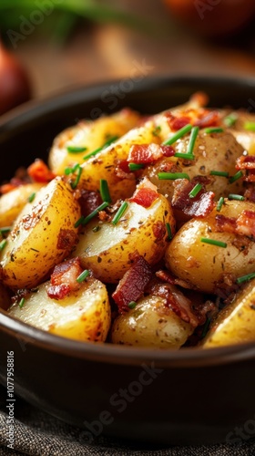 Delicious german potato salad with chives and bacon - perfect for spring gatherings or picnic meals photo