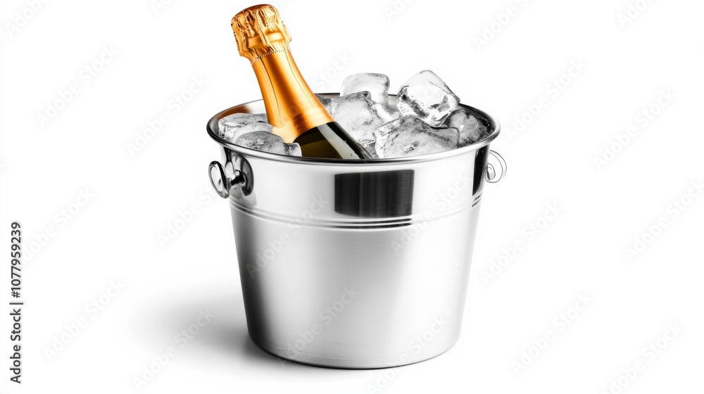 Chilled champagne bottle resting in a silver ice bucket filled with ice cubes, perfect for celebrations and special occasions Chilled champagne bottle resting in a silver ice bucket filled with ice cubes, perfect for celebrations and special occasions