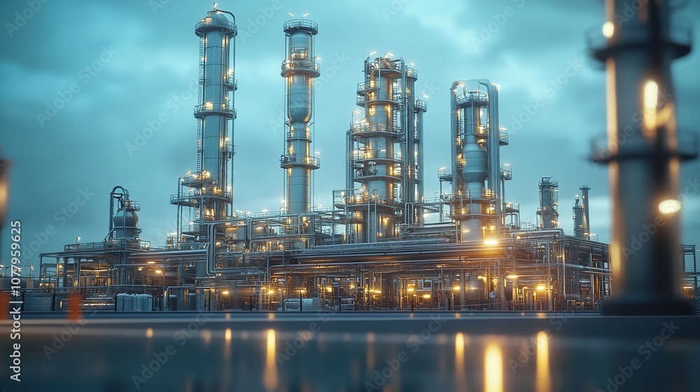 An aerial view of a large industrial complex at night, with glowing lights illuminating the various structures and machinery. An aerial view of a large industrial complex at night, with glowing lights illuminating the various structures and machinery.