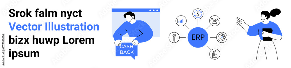 Cash back process, ERP management icons, team collaboration. Ideal for business, finance, software, teamwork, productivity technology solutions, management presentations. Landing page