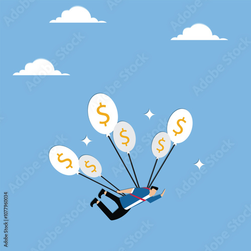 Businessman flying with money balloons. Financial freedom concept