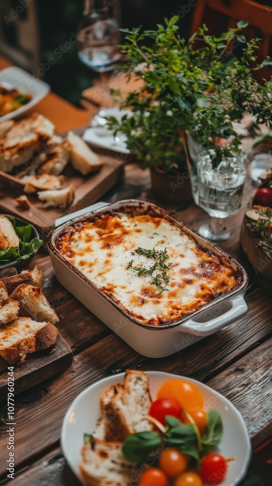 Fototapeta premium Greek moussaka is elegantly served on a wooden table with fresh bread and salad
