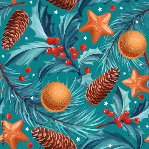 Seamless pattern with Christmas symbol. Christmas tree with cones, stars and balls on blue background. Winter vector backdrop for greeting cards, wrapping papers.
