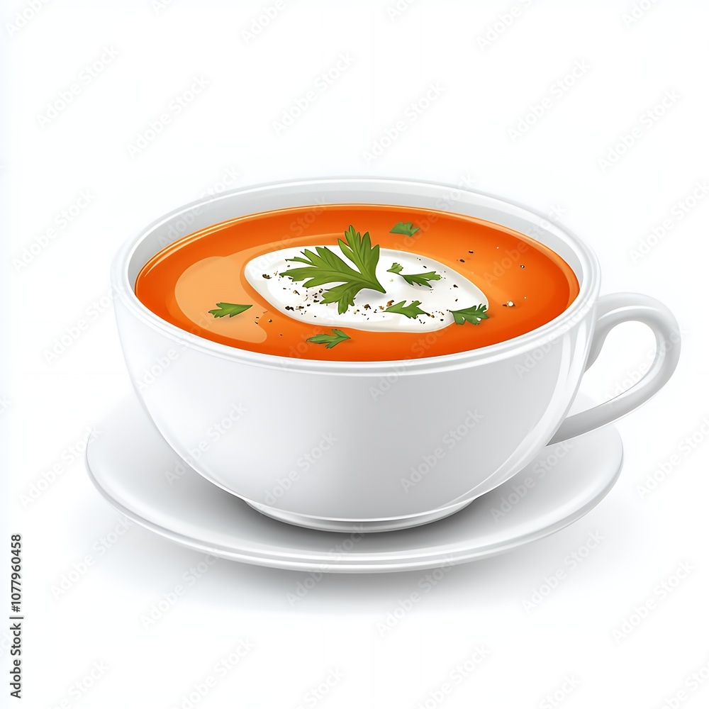 A bowl of tomato soup with a dollop of cream and parsley garnish on a white saucer. A bowl of tomato soup with a dollop of cream and parsley garnish on a white saucer.