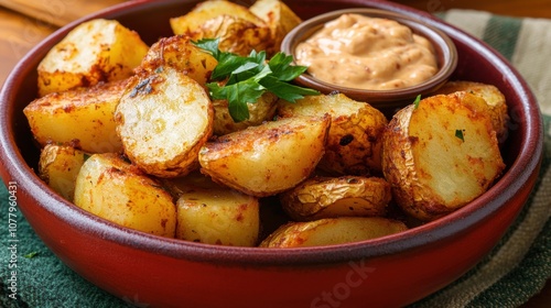 Delicious spanish patatas bravas with spicy sauce garnished with fresh herbs