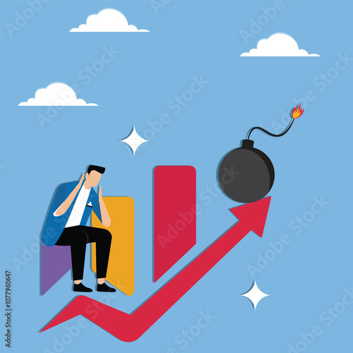 Risks and crises in development or growth, investment risks, alert to problems or mistakes in business, businessmen looking suspiciously at the bombs at the top of the growing red arrow