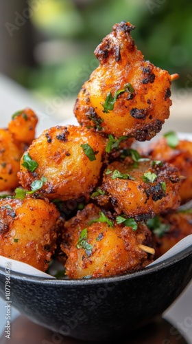 Delicious tandoori roasted baby potatoes garnished with fresh herbs for culinary inspiration photo