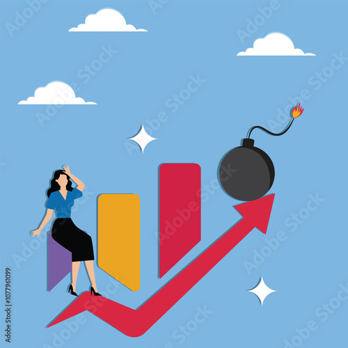 Risks and crises in development or growth, investment risks, alert to problems or mistakes in business, businesswomen looking suspiciously at the bombs at the top of the growing red arrow