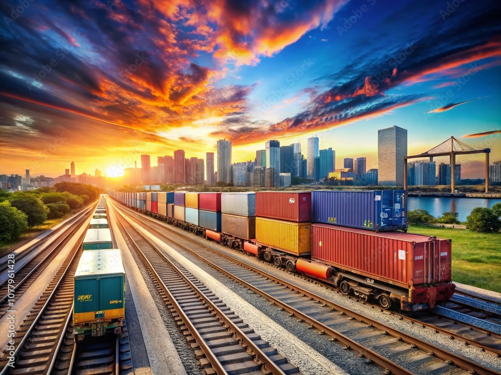 HapLogistics Cargo Trains on Tracks with Colorful Containers in Motion, Ideal for Transportation and Logistics Themes with Ample Copy Space for Custom Text and Branding