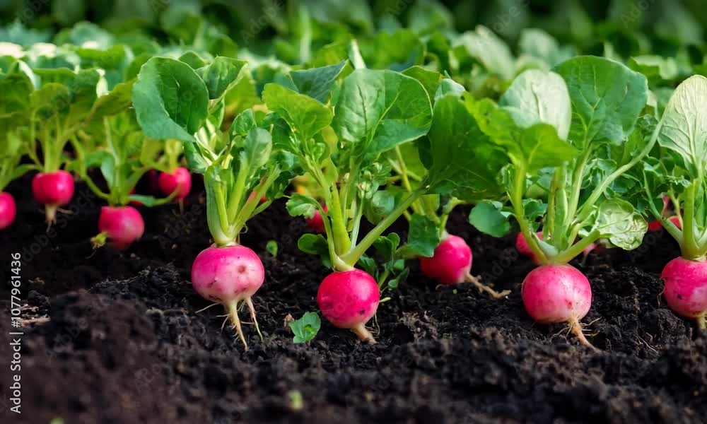 Pink radishes in the soil in a garden Pink radishes in the soil in a garden
