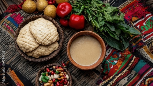 Ecuadorian día de los difuntos flat lay with traditional foods and textiles