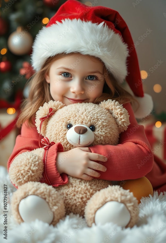 Cute Little Girl in Santa Hat Holding Teddy Bear Christmas Cheer Holiday Joy Cute Little Girl in Santa Hat Holding Teddy Bear Christmas Cheer Holiday Joy