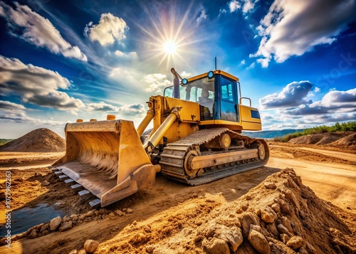 Heavy Construction Equipment: A Robust Dozer Working on a Job Site with Earth Moving Action and Clear Blue Sky in the Background, Ideal for Heavy Machinery and Construction Projects