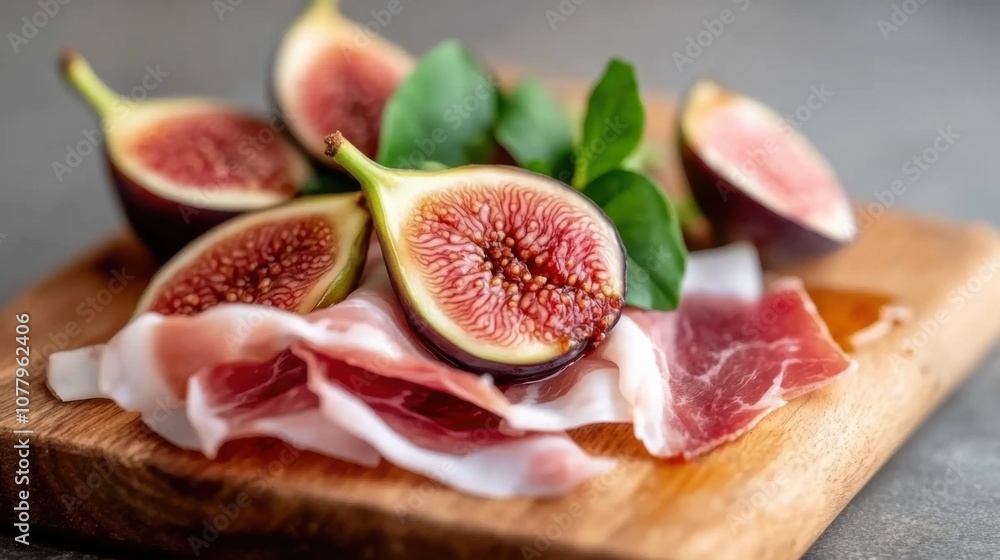 Elegant culinary arrangement of prosciutto and fresh figs on wooden board for gourmet inspiration Elegant culinary arrangement of prosciutto and fresh figs on wooden board for gourmet inspiration