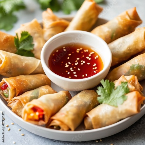 A delicious plate of crispy vegetable spring rolls with a sweet and tangy dipping sauce, served on a white plate with a garnish of cilantro, Spring rolls centered photo