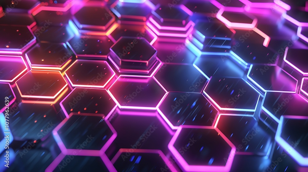 Abstract hexagonal grid with glowing neon lights. Abstract hexagonal grid with glowing neon lights.