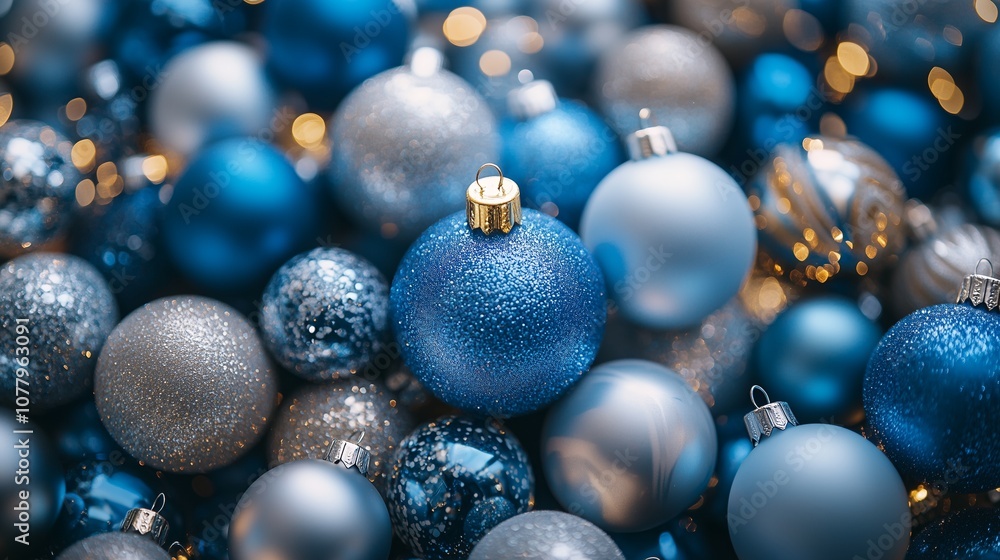 A pile of blue and silver Christmas ornaments. A pile of blue and silver Christmas ornaments.