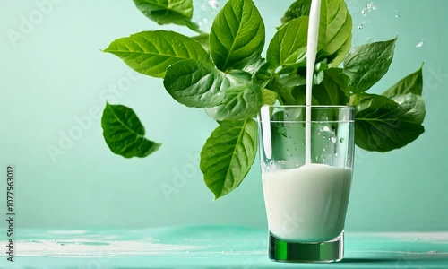 Milk pouring into a glass with leaves on a light green background photo