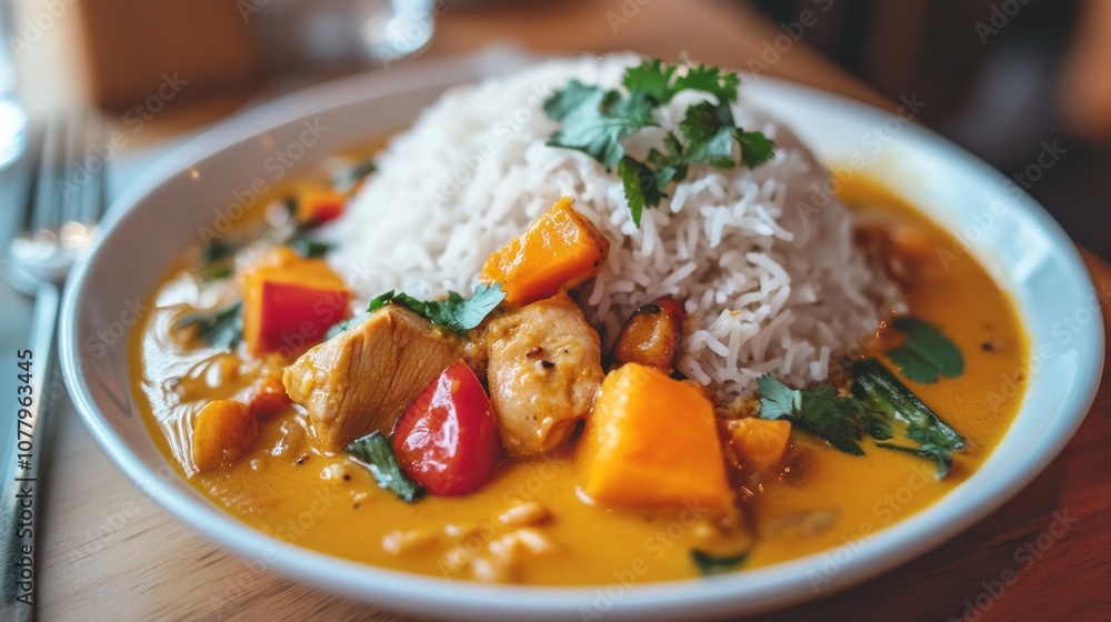 A close-up shot of a white plate with a Thai chicken curry dish with a large mound of white rice on one side, red peppers, and a garnish of fresh cilantro. A close-up shot of a white plate with a Thai chicken curry dish with a large mound of white rice on one side, red peppers, and a garnish of fresh cilantro.