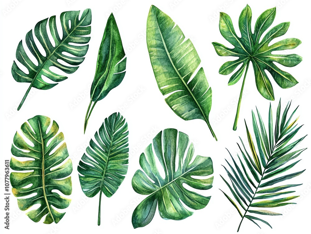 Obraz premium Watercolor illustration set of various tropical leaves isolated on white background.