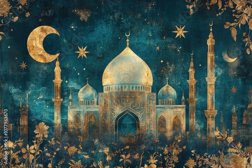 Golden Mosque Under a Starry Night Sky photo