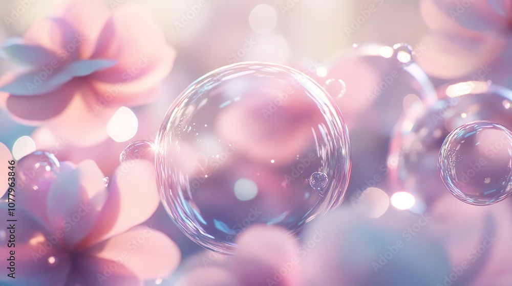 Soft pink flowers and bubbles create a dreamy, ethereal atmosphere. Soft pink flowers and bubbles create a dreamy, ethereal atmosphere.