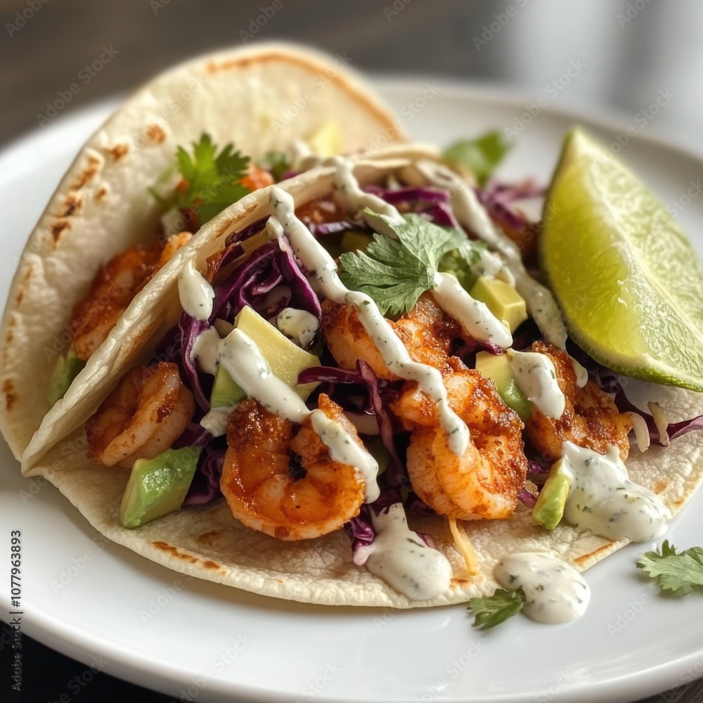 A flavorful and spicy shrimp taco with avocado, cabbage slaw, and lime crema A flavorful and spicy shrimp taco with avocado, cabbage slaw, and lime crema