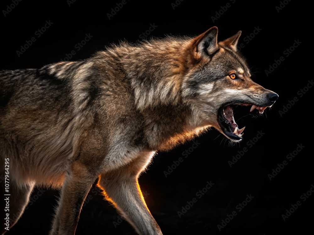 Obraz premium Intense Illustration of an Angry Bodybuilding Wolf with Glowing Lines on a Black Background, Capturing the Power and Ferocity of Nature in Low Light Photography Style