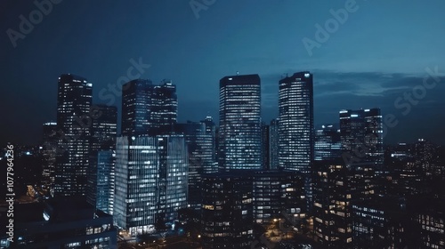 A view of a modern cityscape at night with tall skyscrapers illuminated by bright lights.